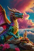 A colorful dragon perched on rocks, surrounded by flowers and a cake, under a vibrant sky. photo