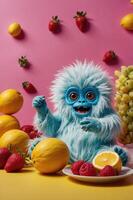 A playful blue creature surrounded by fruits on a colorful background. photo