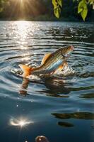 A fish leaps from the water, creating ripples under sunlight. photo