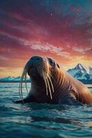 A walrus emerges from the water against a vibrant sunset and snowy mountains. photo