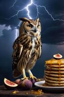An owl stands beside a stack of pancakes with syrup, set against a stormy background. photo