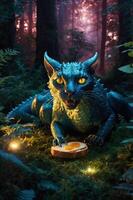 A fantastical creature with bright eyes enjoys a slice of orange in a mystical forest setting. photo