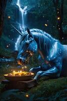 A serene unicorn resting by a waterfall, surrounded by glowing lights and a feast. photo