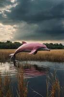 A pink dolphin leaps above the water in a marshy landscape under a cloudy sky. photo