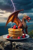 A whimsical scene featuring a dragon beside a stack of pancakes topped with berries and syrup. photo