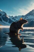 A rat stands in a reflective body of water with mountains in the background, bathed in sunlight. photo