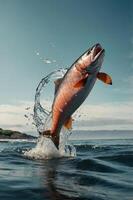 A fish leaps out of the water, creating a splash against a scenic backdrop. photo