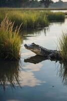 A crocodile resting near tall grasses in a serene wetland environment. photo