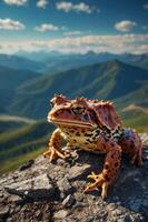 A colorful frog perched on a rocky ledge with a mountainous landscape in the background. photo