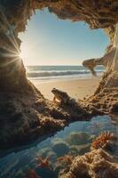 A serene beach scene framed by rocks, featuring a frog and starfish in tidal pools. photo