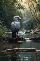 A majestic bird stands by a serene stream in a lush, green forest. photo