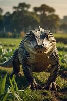 A close-up of a crocodile in a natural setting, showcasing its textured skin and posture. photo