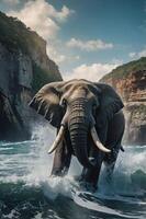 An elephant emerges from ocean waves, surrounded by cliffs and a dramatic sky. photo