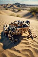 A large frog resting on sandy terrain with a desert backdrop. photo