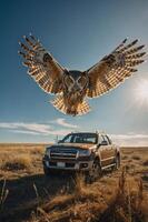 An owl flies above a truck in a vast, open field under a bright sky. photo