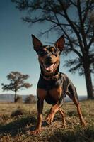 A playful dog with a joyful expression stands in a natural landscape under a clear sky. photo