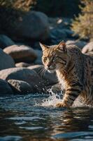 A wild cat wades through water, creating splashes amidst rocky surroundings. photo