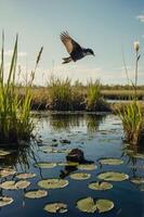 A serene wetland scene featuring a bird in flight above lily pads and reeds. photo
