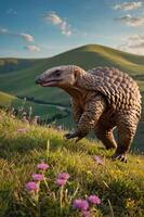 A pangolin walking through a field of flowers with rolling hills in the background. photo