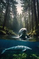 A serene forest scene featuring a beluga whale and a dolphin in a tranquil river environment. photo