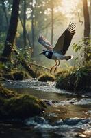 A bird gracefully flies over a serene forest stream, illuminated by soft morning light. photo