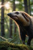 A close-up of a tamandua in a forest, illuminated by sunlight filtering through the trees. photo