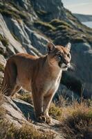 A mountain lion stands on rocky terrain, surveying its surroundings in a natural setting. photo