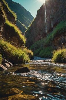 un sereno río fluye mediante un lozano valle, iluminado por luz de sol y un distante cascada. foto