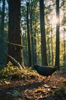 A bird forages on the forest floor, illuminated by soft sunlight filtering through trees. photo
