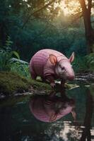 A pink armadillo stands by a serene pond, reflecting its image in the calm water. photo