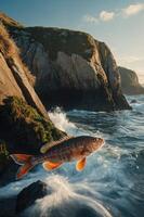 A fish leaps above crashing waves near a rugged coastline at sunset. photo