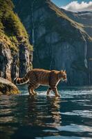 A tiger walking through calm waters with mountains in the background. photo