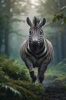 A zebra running through a misty forest, surrounded by lush greenery and soft light. photo