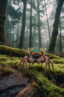 A colorful spider with vibrant markings rests on moss in a misty forest. photo