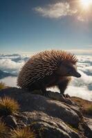 An echidna stands on a rocky surface against a backdrop of clouds and sunlight. photo