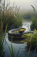 A large snake rests in a misty wetland surrounded by tall grasses and calm water. photo