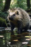 A porcupine standing in a shallow stream surrounded by lush greenery. photo