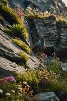A bird perched among colorful wildflowers and rocky terrain in a natural setting. photo