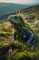 A whimsical creature resembling a frog, adorned with moss and flowers, in a lush landscape. photo