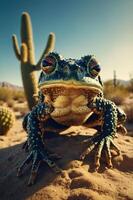 A close-up of a vibrant frog in a desert landscape with cacti in the background. photo