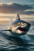 A great white shark breaches the ocean surface, showcasing its powerful form and sharp teeth. photo