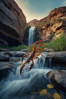 A surreal scene of a crab leaping over a waterfall in a canyon landscape. photo