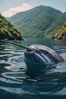 A narwhal surfaces in tranquil waters surrounded by lush mountains. photo