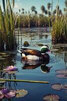 A colorful duck swims in a serene wetland, surrounded by lily pads and tall grasses. photo