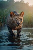 A wild cat wades through water in a lush, green environment during golden hour. photo