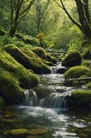 A serene forest scene with a gentle stream flowing over moss-covered rocks. photo