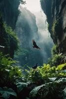 A serene jungle scene with birds flying amidst lush greenery and dramatic cliffs. photo