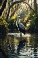 A solitary stork stands in a serene wetland, surrounded by lush greenery and reflections. photo