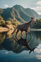 A zebra-like animal walks through a serene lake, reflecting mountains in the background. photo
