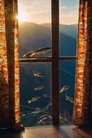 A surreal scene of fish swimming outside a window with mountains in the background. photo